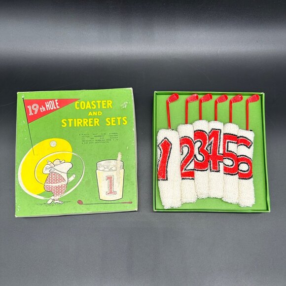 19th Hole Coaster Golf Club Cocktail Stirrer Set Vintage Japan Koozies Barware - Picture 2 of 8